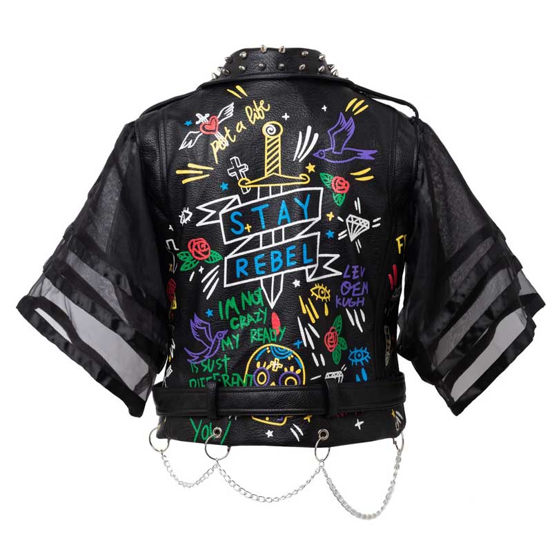 Azalea Wang Graffiti Moto Jacket Leather Women's Summer Motorcycle Jacket Yarn Woven Half Sleeve Slim-Fit Leather Coat