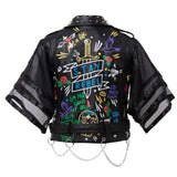 Azalea Wang Graffiti Moto Jacket Leather Women's Summer Motorcycle Jacket Yarn Woven Half Sleeve Slim-Fit Leather Coat