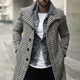 Plaid Peacoat Mens Fall Winter Fashion Plaid Lapel Overcoat Mid-Length Coat