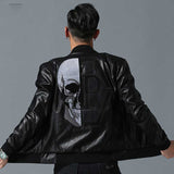 Hand Painted Leather Jackets Skull Embroidery Leather Coat Thick Baseball Collar Leather Jacket Motorcycle Leather Coat for Men