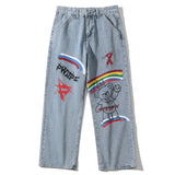 Rainbow Printing Jeans Men's plus Size Retro Sports Trousers Straight Pants Trousers Men's Men Denim Pants