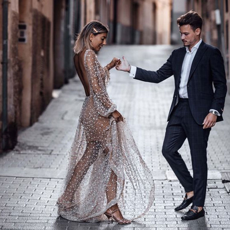 Bohemian Chic Wedding Dress Sexy Long Sleeve See-through Backless