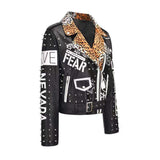 Graffiti PU Leather Jacket Rivet Leopard Splicing Heavy Industry Graffiti Printing Slim-Fitting Biker Leather Punk Rock Pu