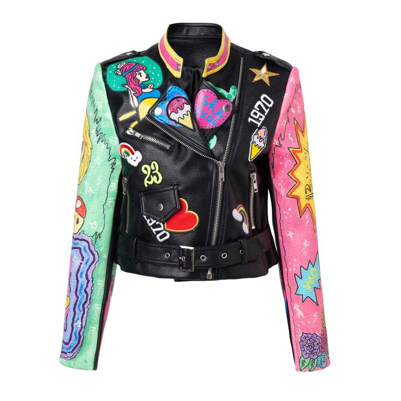 Azalea Wang Graffiti Moto Jacket Spring and Autumn Pink Fruit Green Color Block Street Cropped Leather Coat