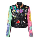 Azalea Wang Graffiti Moto Jacket Spring and Autumn Pink Fruit Green Color Block Street Cropped Leather Coat