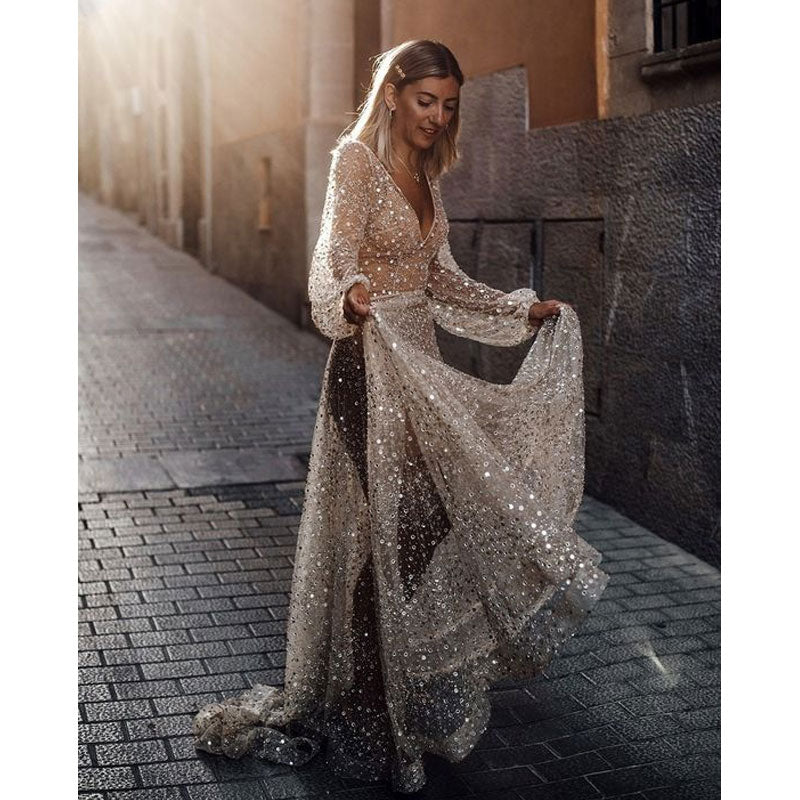 Bohemian Chic Wedding Dress Sexy Long Sleeve See-through Backless