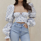 Sexy Fashion Floral Flare Sleeve Tie-Neck Wrinkles Crop-Top Short Top