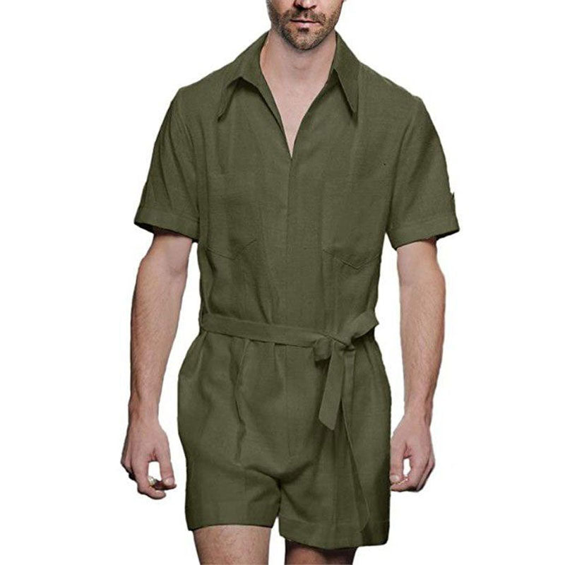 Men's Solid Color One-Piece Suit Belt Elastic Personality Jumpsuit Men Shirt