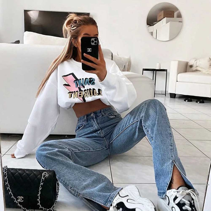 100 Cotton Jeans Women's Split Mop Jeans Women's High Waist Loose Straight Trousers