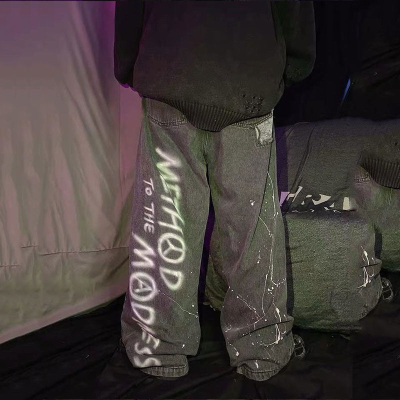 Stitching Printing Jeans plus Size Retro Sports Trousers Straight-Leg Trousers Men's Clothing Men Denim Pants