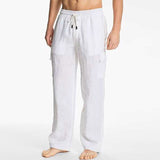 Linen Pants Straight Leg Pants Drawstring Lightweight Elastic Beach Pants Men's Multi-Pocket Rope Casual Trousers