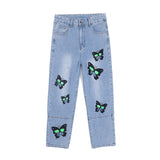 Butterfly Printed Jeans Men's Large Size Retro Sports Trousers Loose Straight Trousers Men Denim Pants