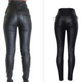 Faux Leather Pants High Waist Breasted Lace-up Decorative Coating Faux Leather Pants Stretch Denim Skinny Pants
