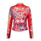 Azalea Wang Graffiti Moto Jacket Spring and Autumn Street Short Coat Lapel Slim-Fitting Biker Long Sleeve Graffiti Red Leather Coat for Women