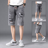 Men Jean Shorts Summer Men's Ripped Denim Shorts Cropped Pants Loose Straight Harem Casual Pants