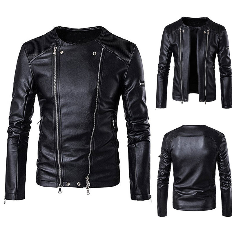 Leather Biker Coat Gothic Leather Jacket Men Pu Jackets Men's Leather Jacket Fashion Polo Collar Locomotive Multi-Zipper Short Leather Jacket