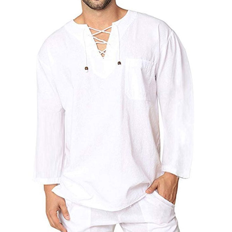 Men's Solid Color Loose Lace-up Cotton Linen Long Sleeve Shirt plus Size Retro Sports Casual Fashion Men Shirt
