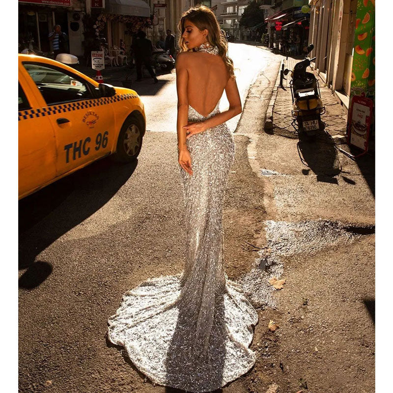 Bohemian Chic Wedding Dress Sleeveless Halter High Slit Long Dress