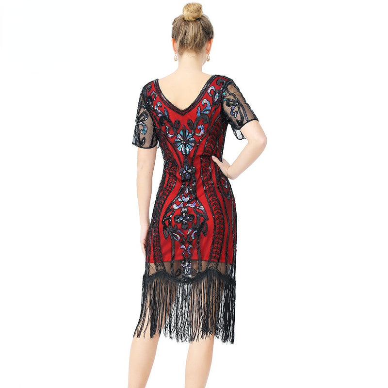 Flapper Dress 1920S Sequined Tassel Dress Vintage Dress V-neck Sequin Dress