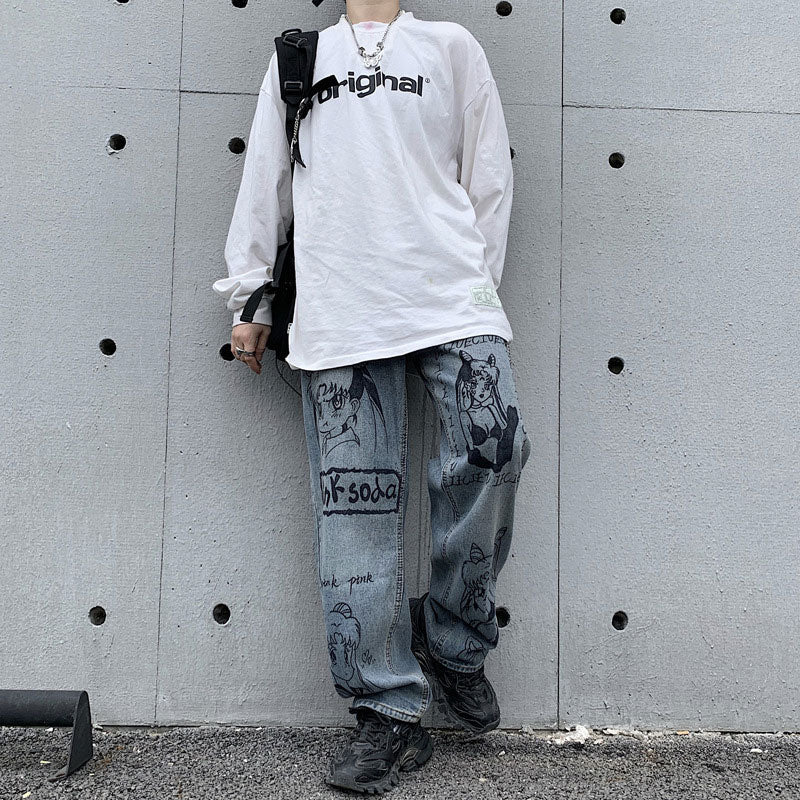 Sailor Moon Cartoon Printed Jeans Men's plus Size Retro Sports Fashion Brand Street Casual Trend Loose Trousers Men Denim Pants
