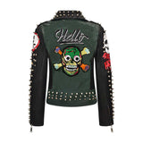 Graffiti PU Leather Jacket Heavy Industry Graffiti Printing Punk Motorcycle Contrast Color Slim Fit Pu Coat for Women