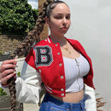 Cheerleader Letterman Jacket Colorblock Printed Leather Sleeve Long Sleeve