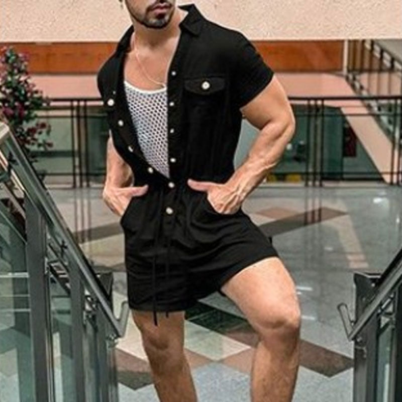 Men's Short Sleeve One-Piece Suit Youth Fashion Casual Button plus Size Retro Sports Integrated Cloth Men Shirt