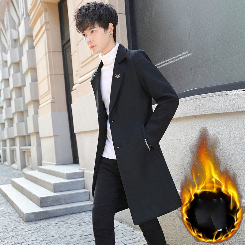 Men's Quilted Trench Coat Winter Handsome Mid-Length Woolen Coat Korean Style Slim Fit Warm Woolen Coat Men's Men's Spring Trench Coat