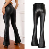 Black Leather Pants PU Leather Pants Autumn and Winter Black High Waist Brushed Bottom Imitation Leather Pants Wide Leg Pants Bell-Bottom Pants
