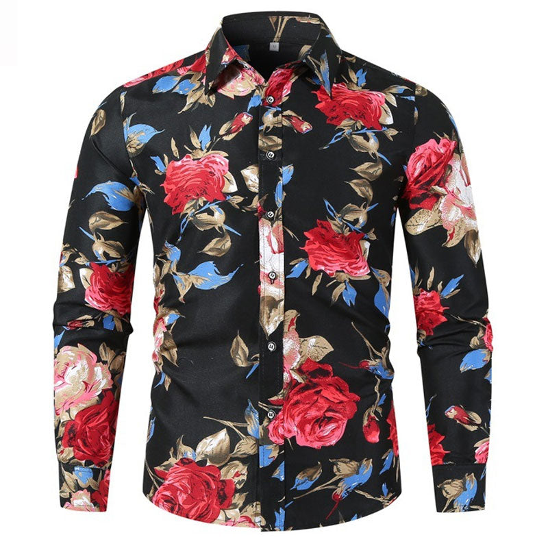 Men's Floral Long-Sleeved Shirt Fashionable Casual Printed Shirt Men Shirt