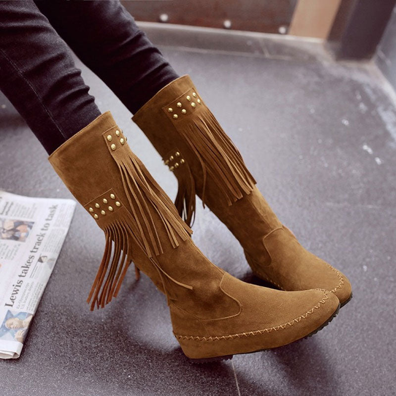 Beyonce Coachella Boots Brushed Velvet Tassel Boots Rivet High Leg Boot Wedge Leisure Boots