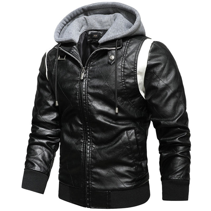Leather Men's PU Leather Stand Collar Knitted Hooded Men Pu Jakcet