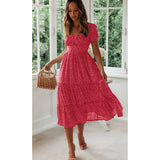 Red Peasant Dress Square Collar Puff Sleeve Floral Dress