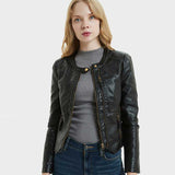 Hot Pink Motorcycle Jacket Spring and Autumn Leather round Neck Pu Washed Leather Short Coat Motorcycle Jacket