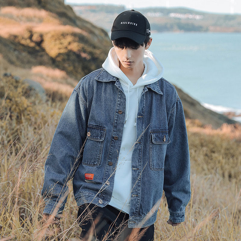 Men's Spring Color Block Denim Coat Men's Printed Jacket Top Large Size Loose Men Denim Jacket