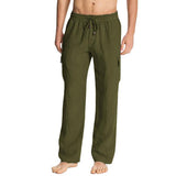 Linen Pants Straight Leg Pants Drawstring Lightweight Elastic Beach Pants Men's Multi-Pocket Rope Casual Trousers