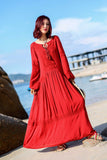 Red Peasant Dress Desert Seaside Vacation Embroidered Ethnic Style Retro Dress Long-Sleeved Red Red Dress
