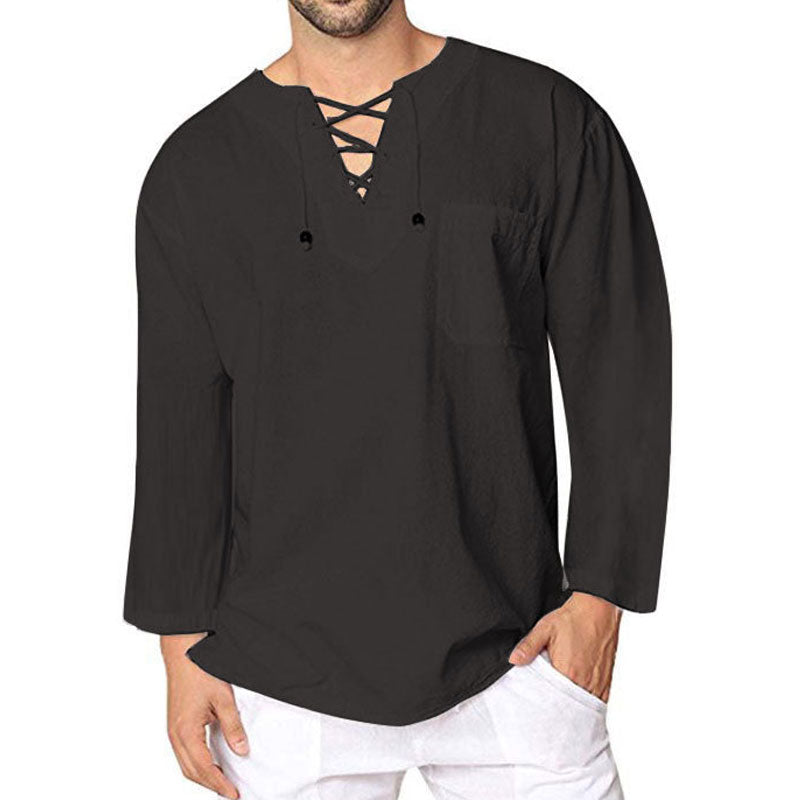 Men's Solid Color Loose Lace-up Cotton Linen Long Sleeve Shirt plus Size Retro Sports Casual Fashion Men Shirt