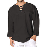 Men's Solid Color Loose Lace-up Cotton Linen Long Sleeve Shirt plus Size Retro Sports Casual Fashion Men Shirt