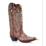 Coachella Cowboy Boots Hollow Rhinestone Leather Boots plus Size High Leg Boot