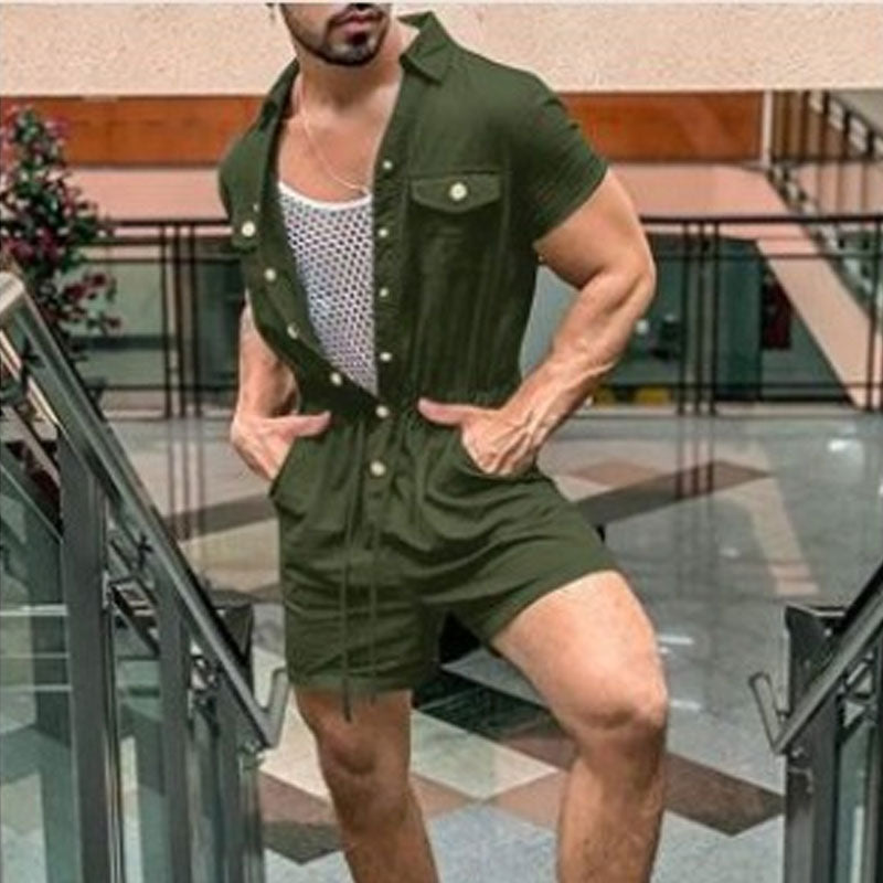 Men's Short Sleeve One-Piece Suit Youth Fashion Casual Button plus Size Retro Sports Integrated Cloth Men Shirt