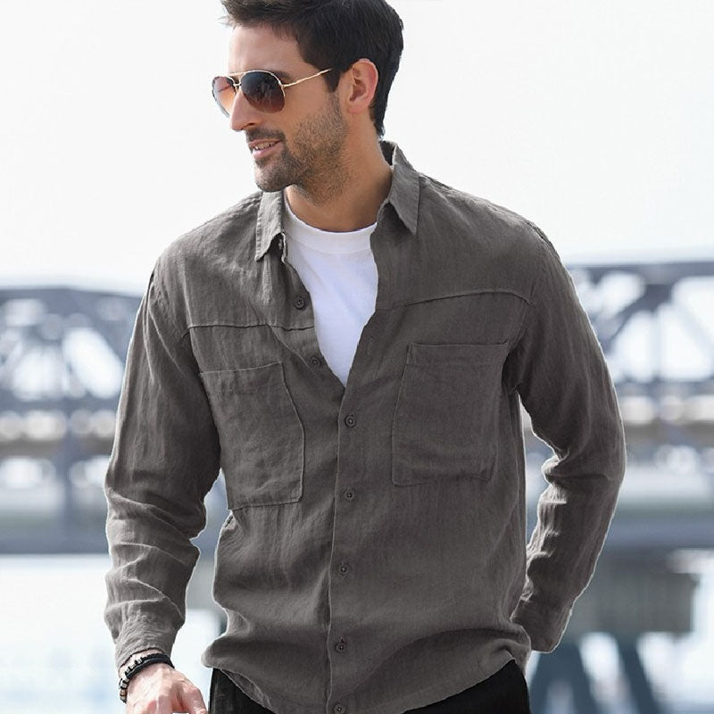 Men's Casual Cotton Linen Single Breasted Pocket Fashion Long Sleeve Retro Sports Men Shirt