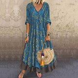 Red Peasant Dress Autumn and Winter V-neck Three-Quarter Sleeve Vintage Printed Fake Two-Piece Women's Dress