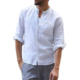 Foreign Trade Men's Solid Color Slim Stand Collar Cotton Linen Fashion Casual Men Shirt