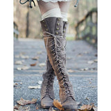 Coachella Festival Boots Solid Color Thick Low Heel High-Top Lace-up Women's Fashion Long Boots