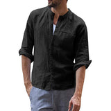 Foreign Trade Men's Solid Color Slim Stand Collar Cotton Linen Fashion Casual Men Shirt