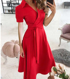 Red Peasant Dress Spring/Summer Fashion Long Sleeve V-neck Printed Sheath Dress