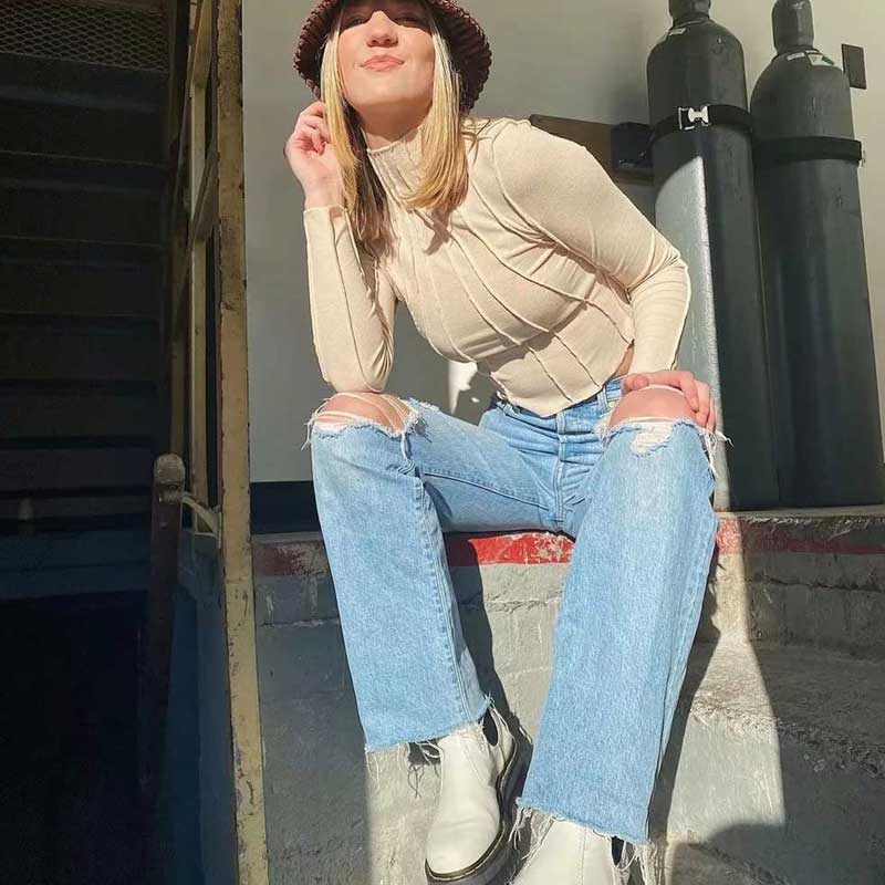 100 Cotton Jeans Women Autumn High Waist Ripped Burr Denim Trousers Women Washed and Frayed Wide-Leg Straight Pants