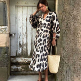 Russian Style Dress Autumn and Winter Women's Leopard Print Printed V-neck Dress